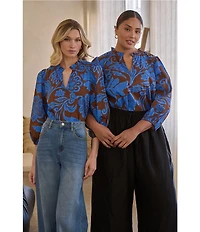 Sugarlips Plus Floral Print Kiley Ruffle Split V-Neck Balloon Sleeve Blouse