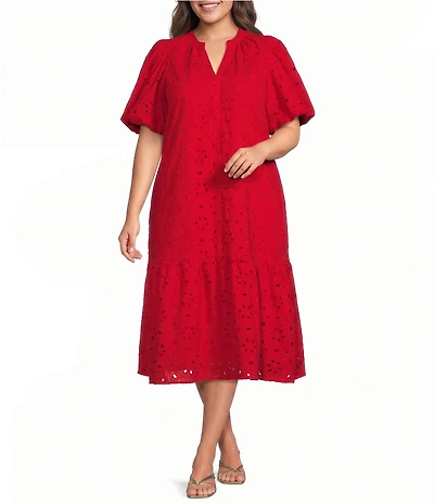 Sugarlips Plus Floral/Geometric Puff-Sleeve Eyelet Embroidered Midi Shift Dress
