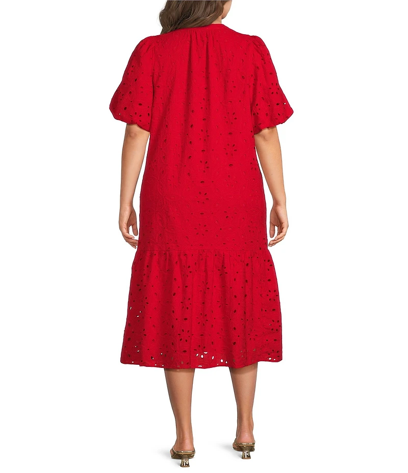 Sugarlips Plus Size Floral Embroidered V-Neck Puff-Sleeve Eyelet Midi Shift Dress