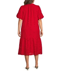 Sugarlips Plus Size Floral Embroidered V-Neck Puff-Sleeve Eyelet Midi Shift Dress
