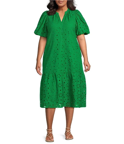 Sugarlips Plus Floral/Geometric Puff-Sleeve Eyelet Embroidered Midi Shift Dress