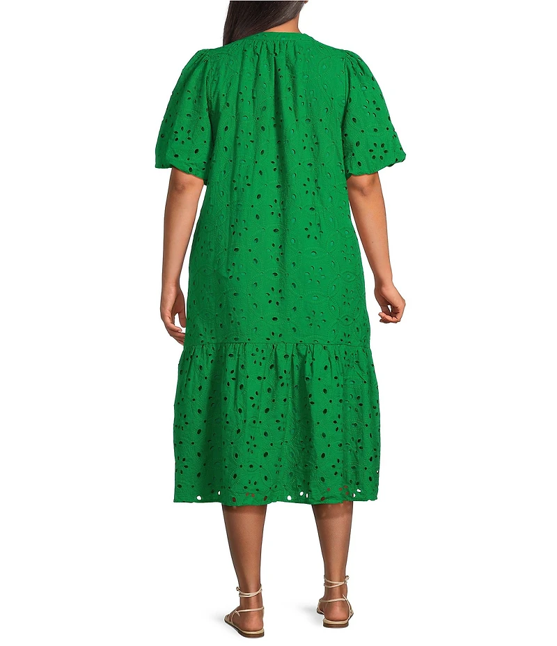 Sugarlips Plus Floral/Geometric Puff-Sleeve Eyelet Embroidered Midi Shift Dress