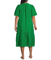 Sugarlips Plus Floral/Geometric Puff-Sleeve Eyelet Embroidered Midi Shift Dress