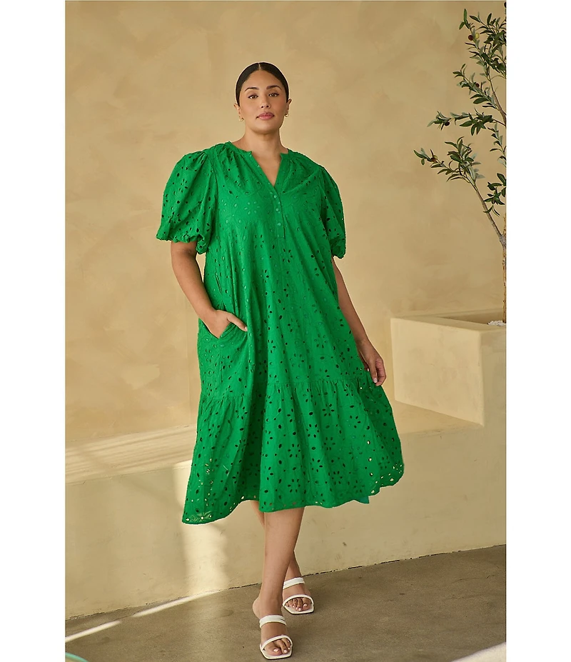 Sugarlips Plus Floral/Geometric Puff-Sleeve Eyelet Embroidered Midi Shift Dress