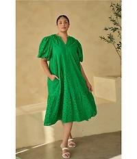 Sugarlips Plus Floral/Geometric Puff-Sleeve Eyelet Embroidered Midi Shift Dress