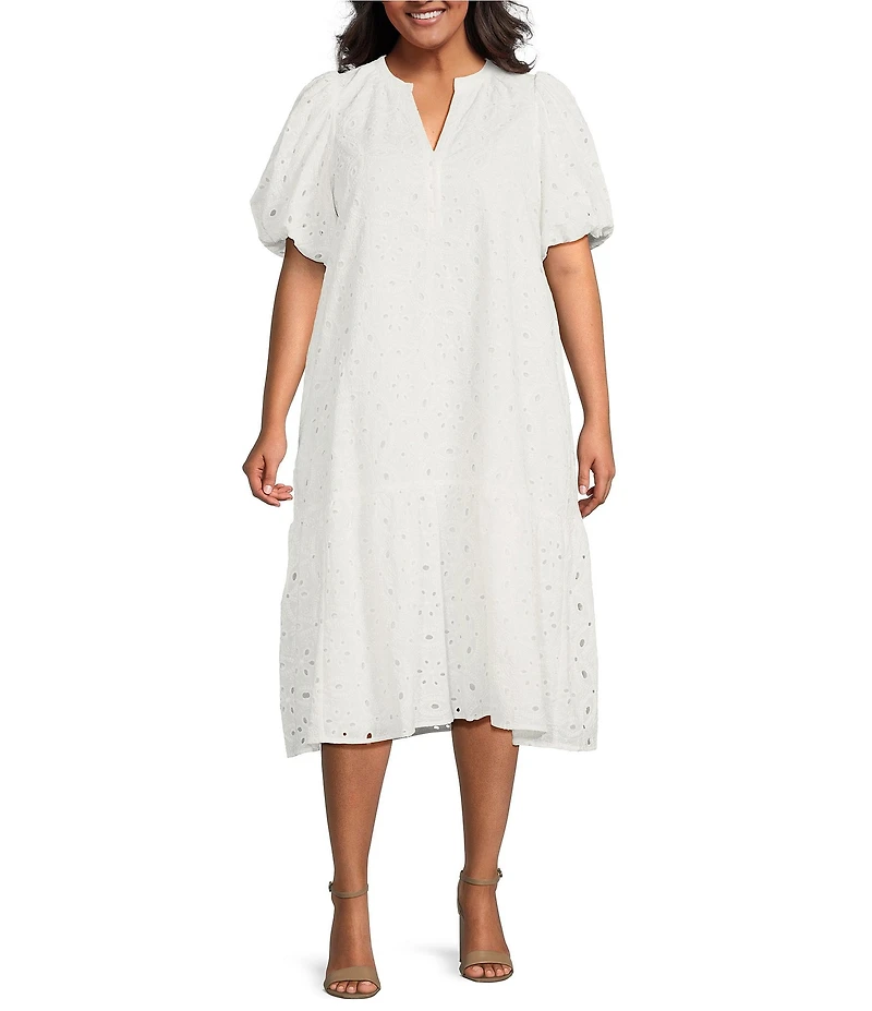 Sugarlips Plus Floral/Geometric Puff-Sleeve Eyelet Embroidered Midi Shift Dress