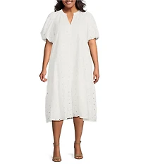 Sugarlips Plus Floral/Geometric Puff-Sleeve Eyelet Embroidered Midi Shift Dress