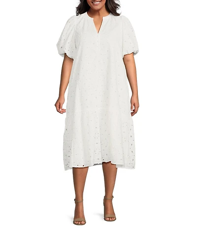 Sugarlips Plus Size Floral Embroidered V-Neck Puff-Sleeve Eyelet Midi Shift Dress