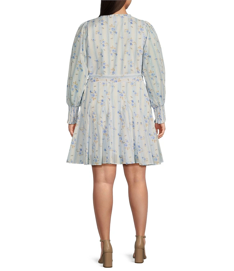 Sugarlips Plus Floral/Striped Balloon Sleeve Godet Inset Minidress