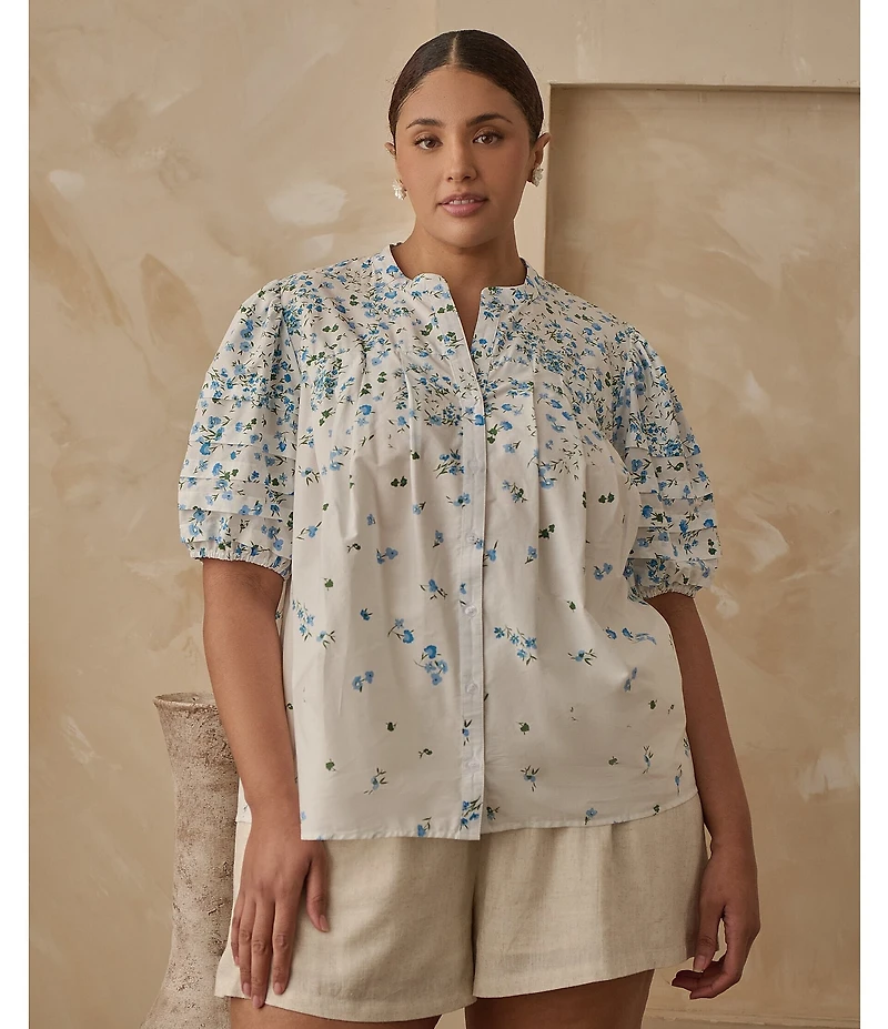 Sugarlips Plus Gradient Floral Printed Puffed Sleeve Poplin Shirt