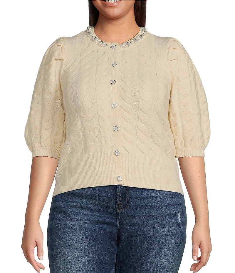Sugarlips Plus Jamari Balloon Short Sleeve Pearl Embellished Sweater