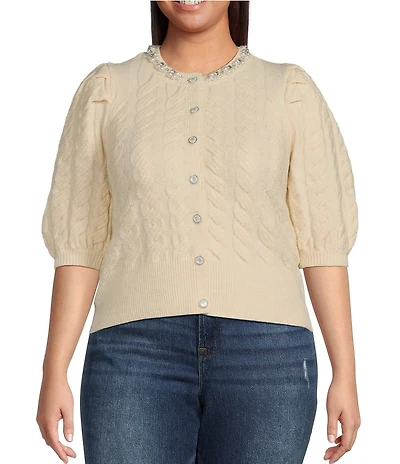 Sugarlips Plus Jamari Balloon Short Sleeve Pearl Embellished Sweater