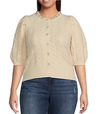 Sugarlips Plus Jamari Balloon Short Sleeve Pearl Embellished Sweater
