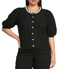 Sugarlips Plus Jamari Balloon Short Sleeve Pearl Embellished Sweater