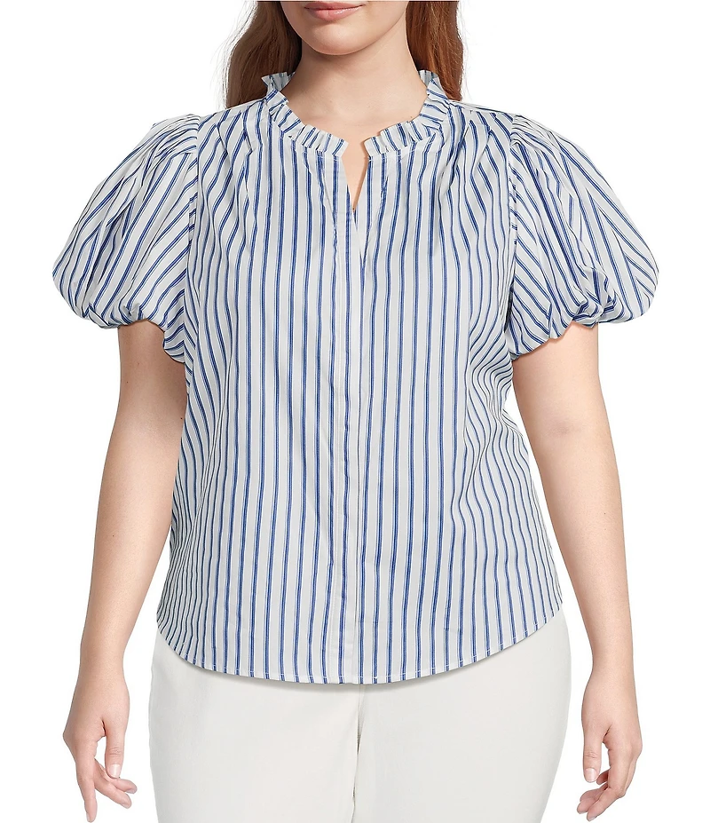 Sugarlips Plus Jayla Vertical-Striped Puffed Sleeve Button Front Shirt