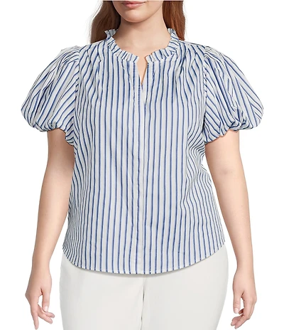 Sugarlips Plus Jayla Vertical-Striped Puffed Sleeve Button Front Shirt