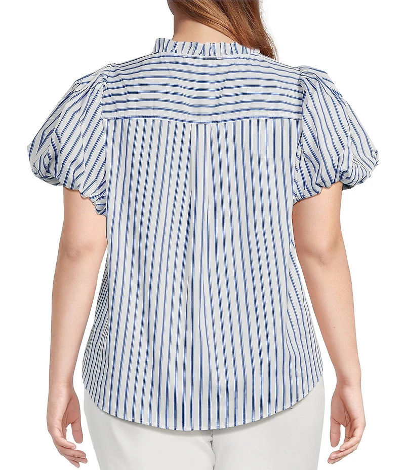 Sugarlips Plus Jayla Vertical-Striped Puffed Sleeve Button Front Shirt