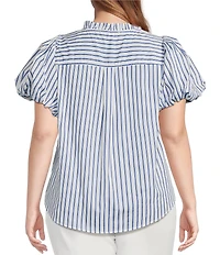 Sugarlips Plus Jayla Vertical-Striped Puffed Sleeve Button Front Shirt