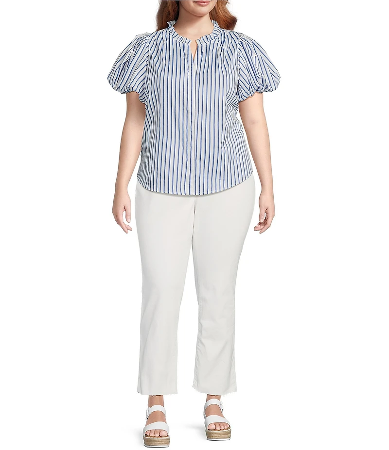 Sugarlips Plus Jayla Vertical-Striped Puffed Sleeve Button Front Shirt