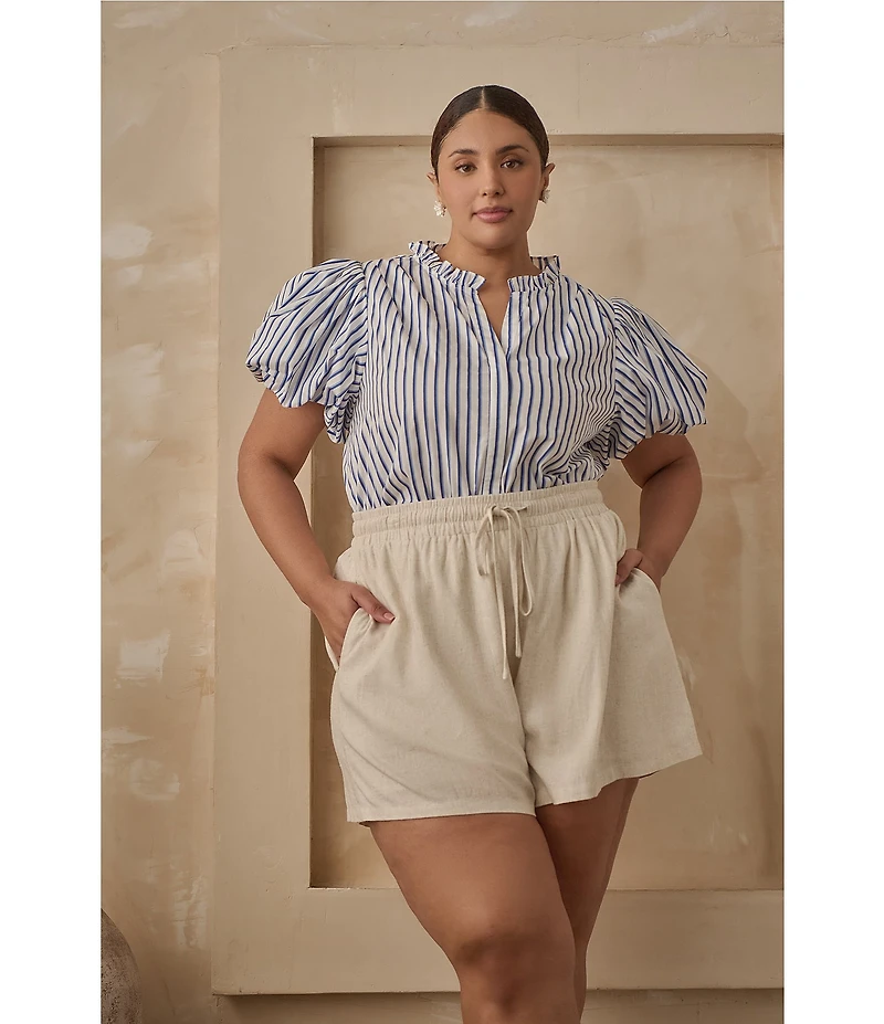 Sugarlips Plus Jayla Vertical-Striped Puffed Sleeve Button Front Shirt