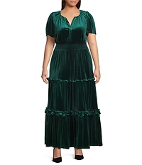 Sugarlips Plus Juliete Velvet Palmer Split V-Neck Short Sleeve Tiered Maxi Dress