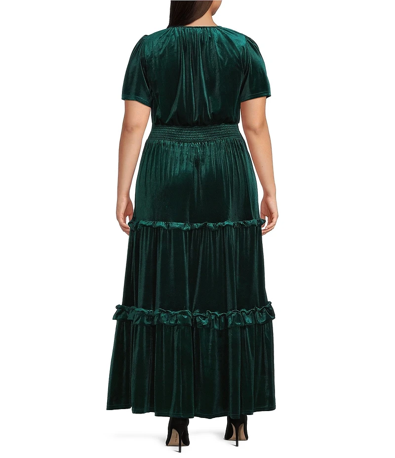Sugarlips Plus Juliete Velvet Palmer Split V-Neck Short Sleeve Tiered Maxi Dress