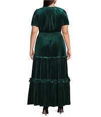 Sugarlips Plus Juliete Velvet Palmer Split V-Neck Short Sleeve Tiered Maxi Dress