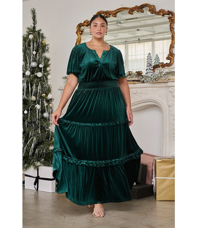Sugarlips Plus Juliete Velvet Palmer Split V-Neck Short Sleeve Tiered Maxi Dress