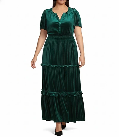 Sugarlips Plus Juliete Velvet Palmer Split V-Neck Short Sleeve Tiered Maxi Dress