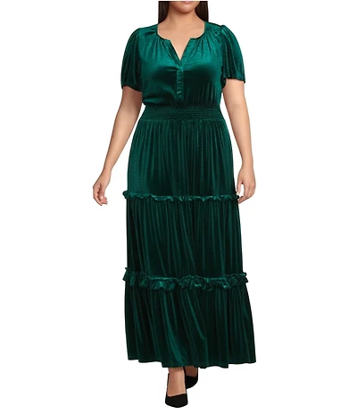 Sugarlips Plus Juliete Velvet Palmer Split V-Neck Short Sleeve Tiered Maxi Dress