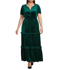 Sugarlips Plus Juliete Velvet Palmer Split V-Neck Short Sleeve Tiered Maxi Dress