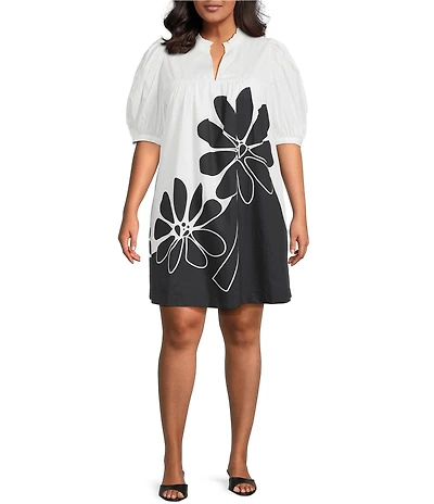 Sugarlips Plus Julissa Placement-Floral-Print Puff-Sleeve Babydoll Dress