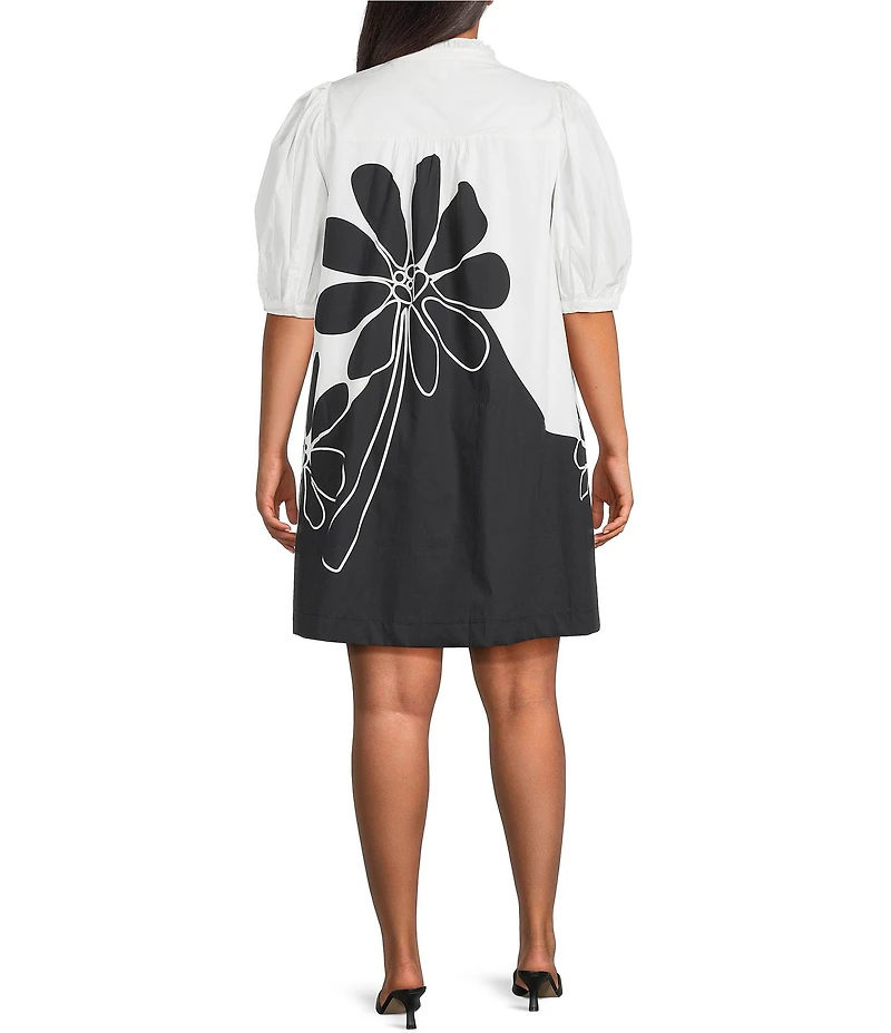 Sugarlips Plus Julissa Placement-Floral-Print Puff-Sleeve Babydoll Dress