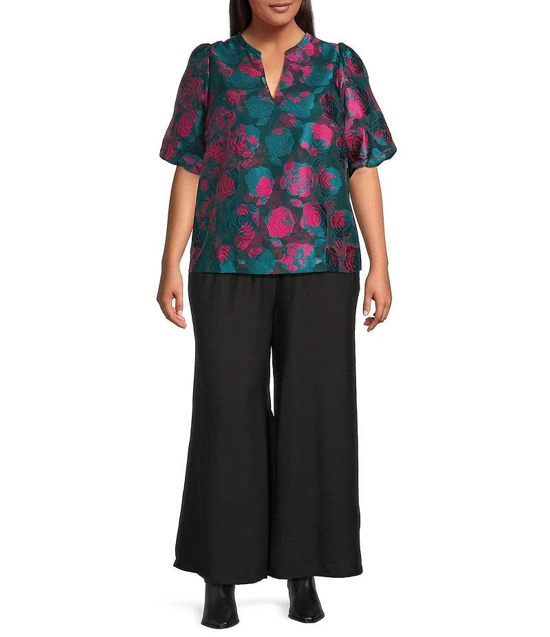 Sugarlips Plus Kaelani Jacquard Tavia Split Neck Short Bubble Sleeve Top