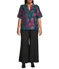 Sugarlips Plus Kaelani Jacquard Tavia Split Neck Short Bubble Sleeve Top