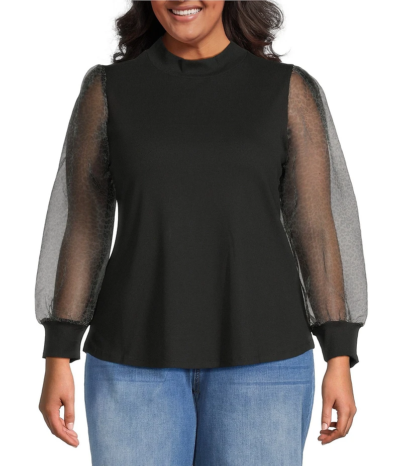 Sugarlips Plus Knit Long Sheer Leopard Sleeve Top