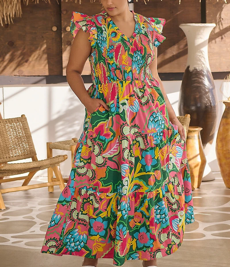 Sugarlips Plus Lanai Tropics Sunfire Smocked Bodice Flutter Sleeve Tiered Poplin Midi Dress