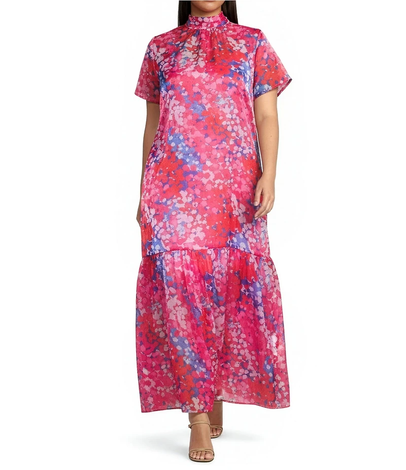 Sugarlips Plus Leah Abstract Dime Print Mock Neck Short Sleeve Organza Maxi Dress