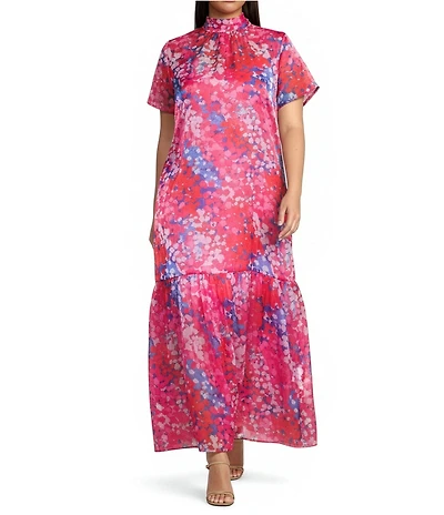 Sugarlips Plus Leah Abstract Dime Print Mock Neck Short Sleeve Organza Maxi Dress