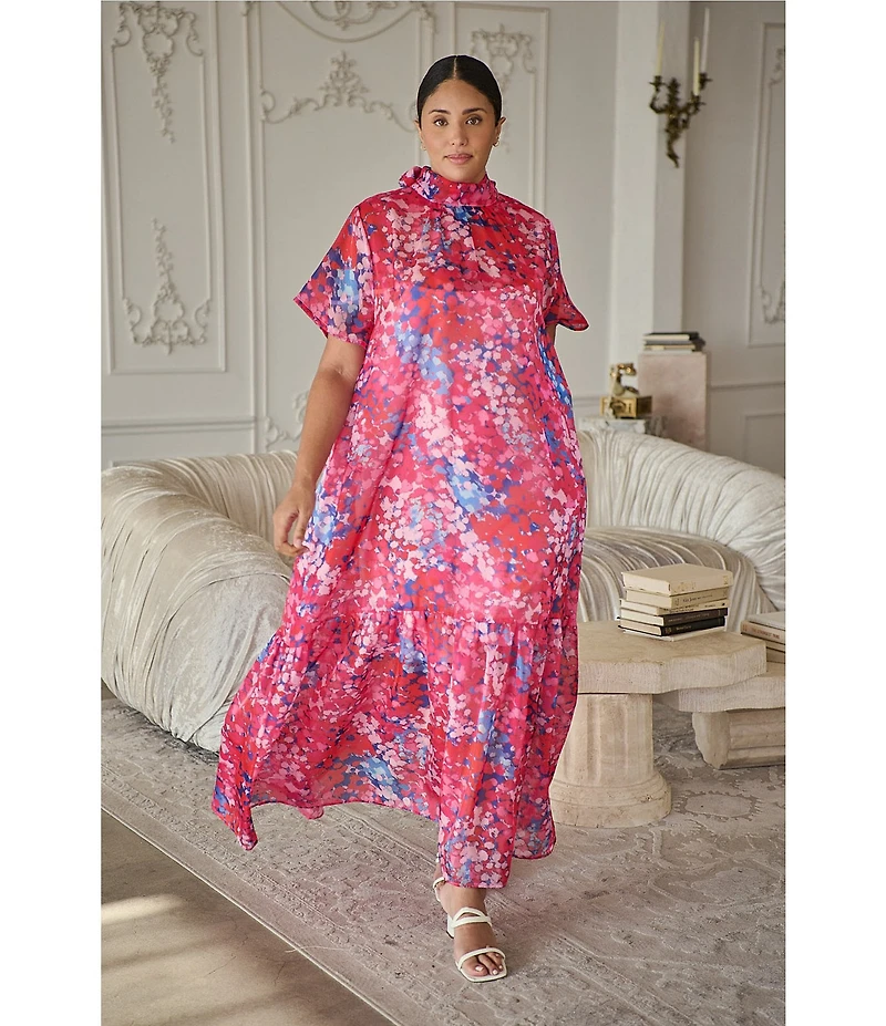 Sugarlips Plus Leah Abstract Dime Print Mock Neck Short Sleeve Organza Maxi Dress