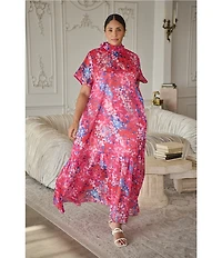 Sugarlips Plus Leah Abstract Dime Print Mock Neck Short Sleeve Organza Maxi Dress