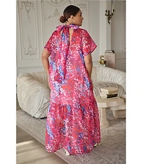 Sugarlips Plus Leah Abstract Dime Print Mock Neck Short Sleeve Organza Maxi Dress