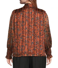 Sugarlips Plus Leoben Floral/Stripe Printed Balloon Sleeve Satin Blouse