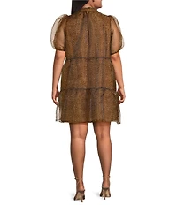 Sugarlips Plus Leopard Print Organza Split Neck Short Sleeve Tiered Dress