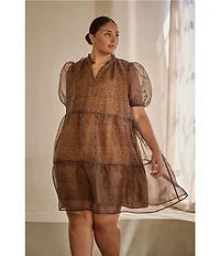 Sugarlips Plus Leopard Print Organza Split Neck Short Sleeve Tiered Dress