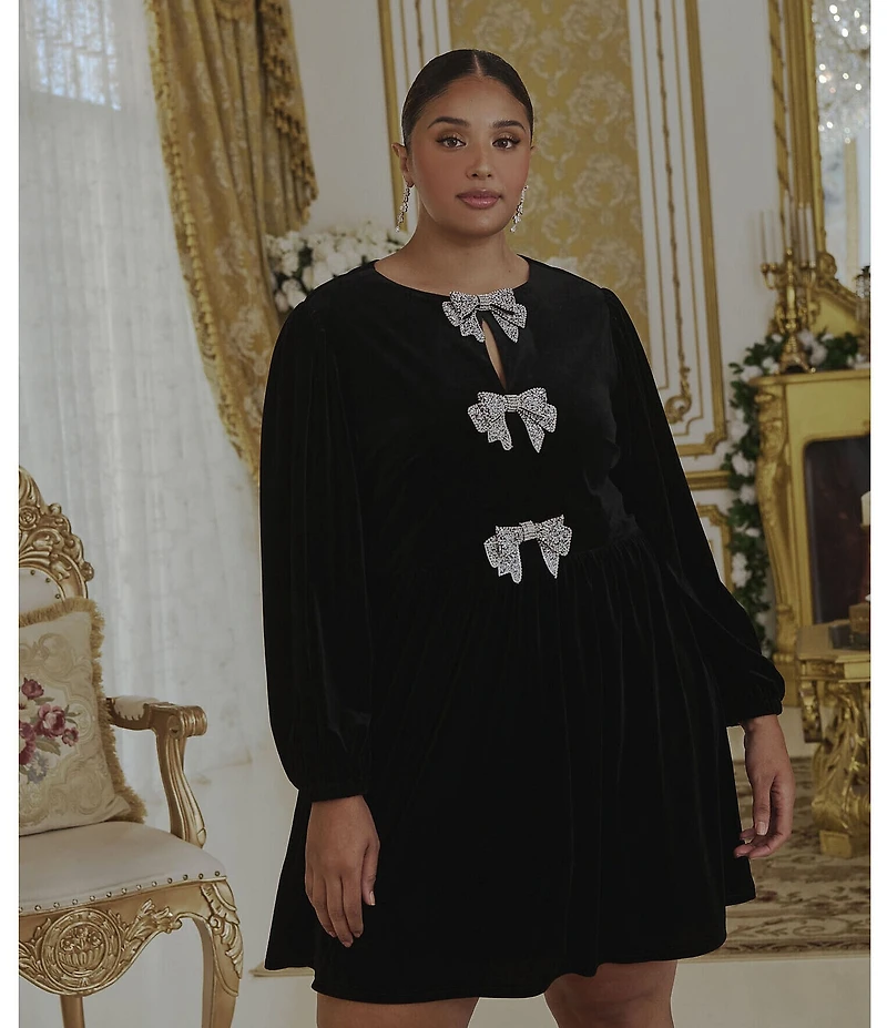 Sugarlips Plus Long Sleeve Bow Velvet Mini Dress