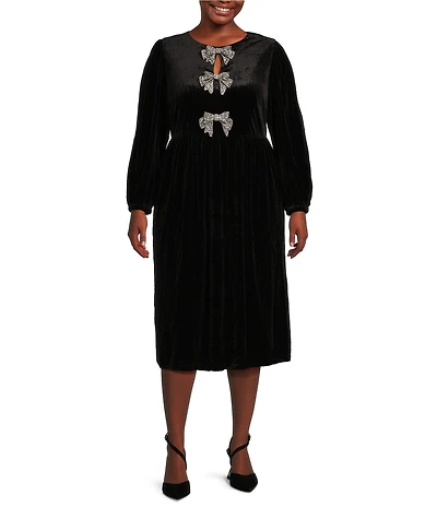 Sugarlips Plus Long Sleeve Rhinestone Bow Velvet Midi Dress