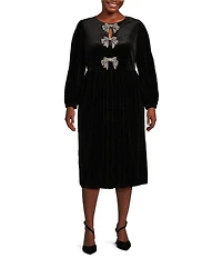 Sugarlips Plus Long Sleeve Rhinestone Bow Velvet Midi Dress