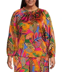 Sugarlips Plus Size Ruffled Split Neckline Balloon Long Sleeve Tropical Printed Coordinating Blouse