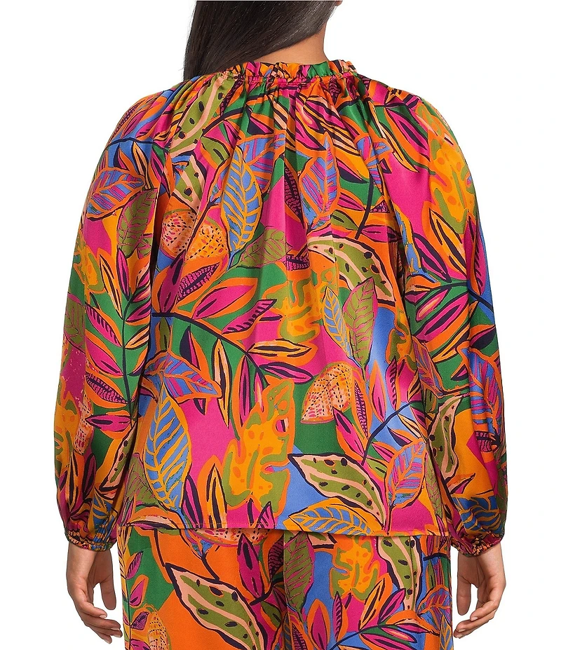 Sugarlips Plus Size Ruffled Split Neckline Balloon Long Sleeve Tropical Printed Coordinating Blouse